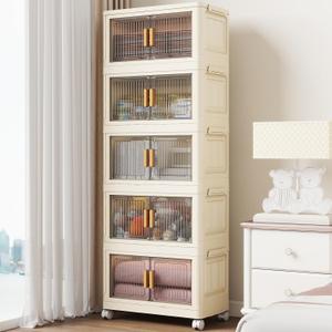 28 Qt Plastic Storage Bins with Lid, Collapsible Closet Organizer and Drawers, Stackable Storage Containers with Wheels, 5Pack