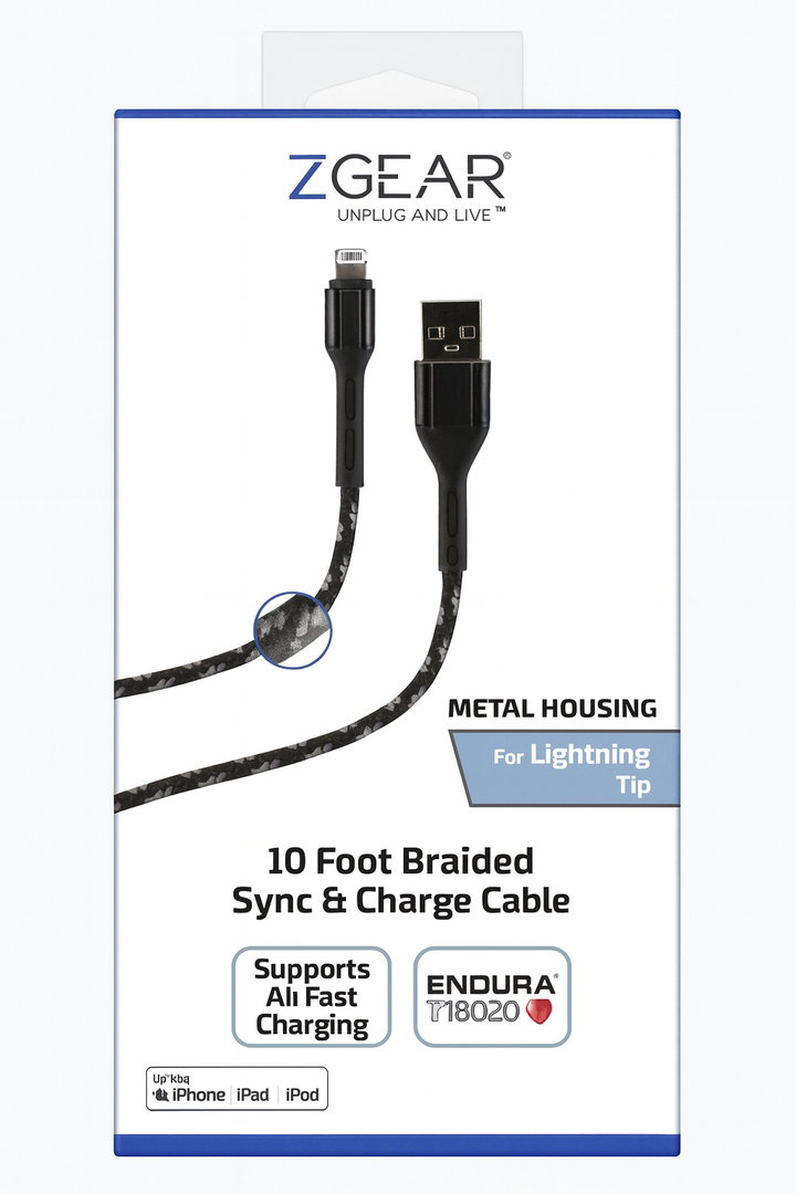 10ft Braided Sync & Charge Cable for Lightning Tip Metal Housing