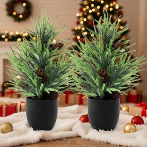 Jexine 2 Pack 2ft Artificial Christmas Norfolk Pine Tree with Pot Realistic Faux Christmas Norfolk Branch with Pine Cones Tabletop Xmas Tree Greenery for Front Porch Mantel Entryway Xmas Home Decor