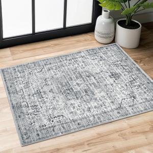 SIILOOM 2x3 Washable Rug for Entryway, Grey Blue White Boho Low-Pile Printed Area Rugs Soft Non-Slip Indoor Door Mat, Vintage Oriental Throw Carpet for Entrance Farmhouse Kitchen Foyer Bedside