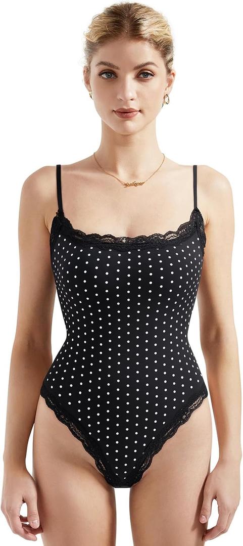 SUUKSESS Women Square Neck Lace Bodysuit Sleeveless Spaghetti Strap Tank Top (Black, S)