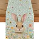 Artoid Mode Bunny Rabbit Floral Polka Dot Happy Easter Table Runner,Seasonal Spring Kitchen Dining Table Decoration for Home Party Decor 13x72 Inch (Blue)