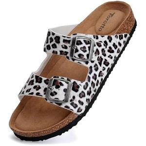 Torotto Womens Slides with Cork Footbed Open Toe Adjustable Webbing Flat Sandals for Walking | Beach | Indoor, Size 39.5