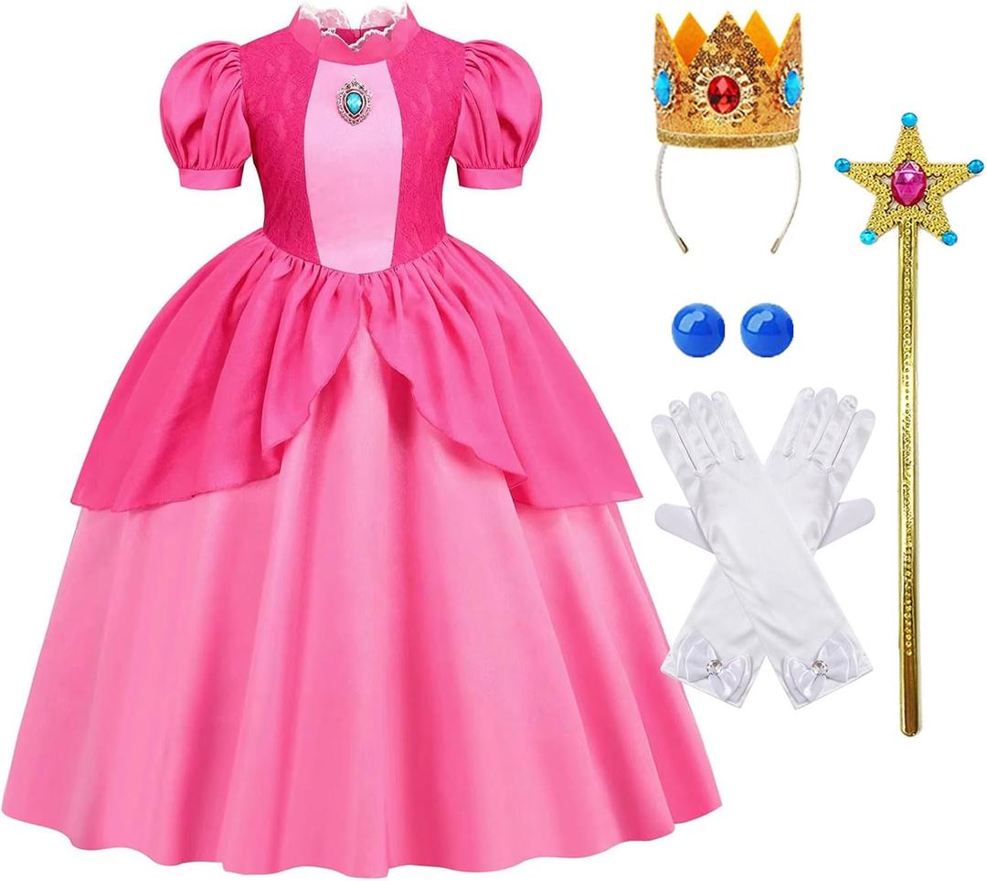 AmzMach Princess Peach Costume for Girls Classic Pink Dress Cosplay Halloween Party Dress Up Kids Birthday Outfit  (4-5 Years, Dress With Accessories)