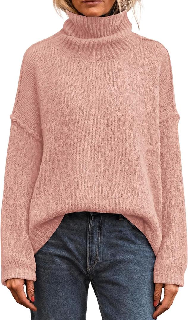 PRETTYGARDEN Womens Turtleneck Long Sleeve Sweater 2025 Fall Trendy Loose Fit Knit Tops Oversized Pullover Sweaters (Pink, M)