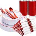 WELLIFE 210 Piece Red Plastic Dinnerware Set, Disposable Plates for Party,Include: 30 Dinner Plates, 30 Dessert Plates, 30 Pre Rolled Napkins with Gold Silverware and 30 Gold Cups Red