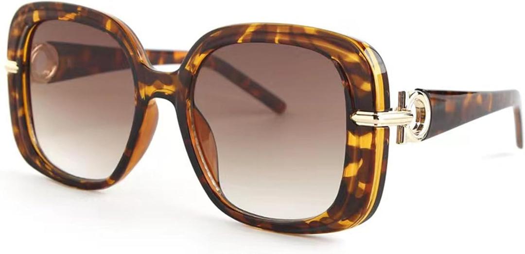 Fashion Oversized Square Women and Men Sunglasses Vintage Hollow Luxury Sun Glasses UV400 Gradient Shades (Leopard Frame/Gradient Brown Lens M6)