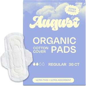 August Regular Cotton Menstrual Pads, 36-Pack Ultra Thin Pads with Wings, Hypoallergenic Sanitary Napkins with Organic Cotton Topsheet, Compostable Wrappers, Toxin Free, Fragrance Free