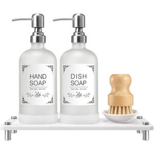Dish Soap Dispenser Set for Kitchen 16oz Glass Bottle with Stainless Steel Pump, Instant Dry Tray, Perfect for Kitchen Decor and Bathroom Accessories, Womens Gifts for Christmas