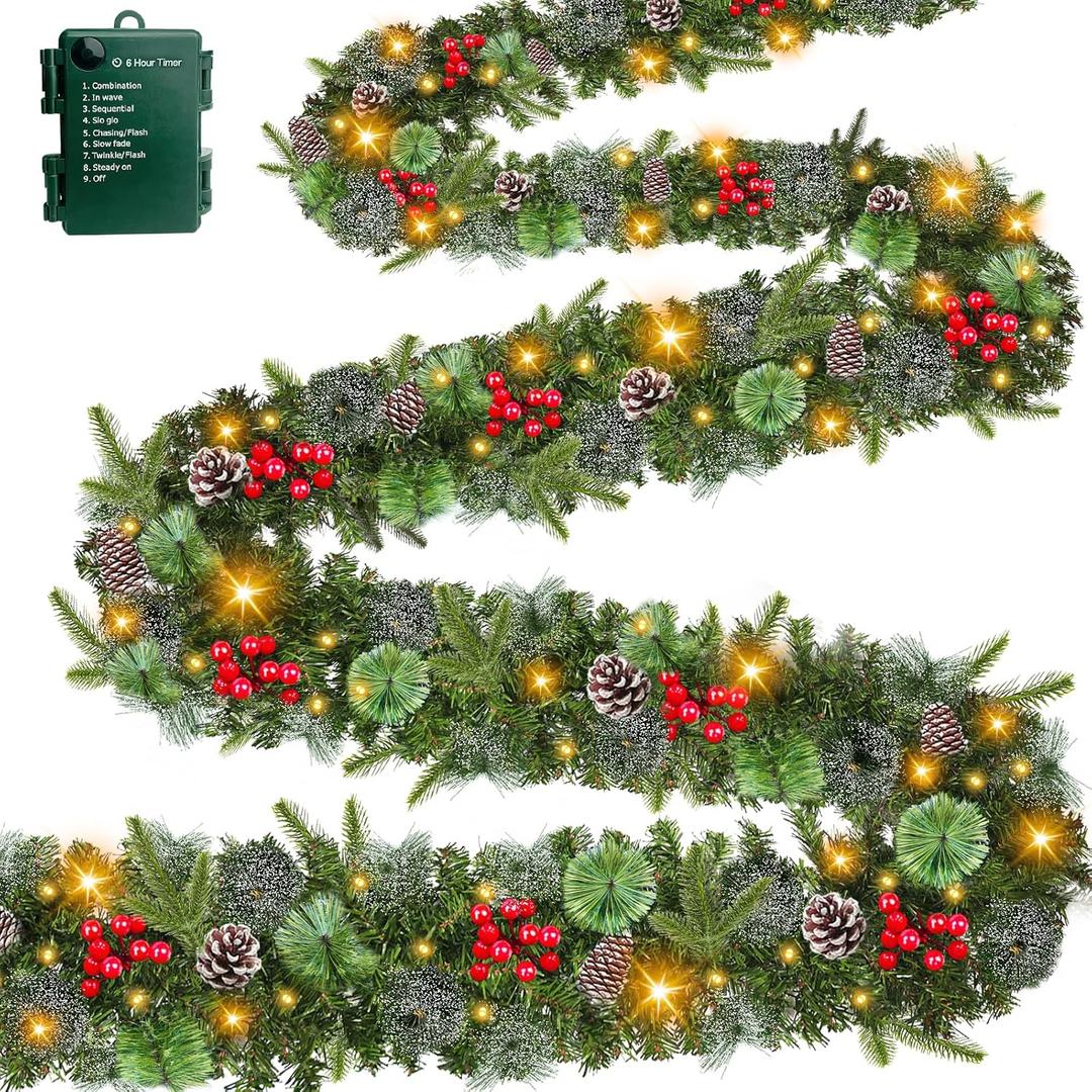 Super Long 8 Modes & Timer 18 Ft Prelit Christmas Garland for Outdoor Indoor Stair Porch 100 Warm White Lights 470 Realistic Snowy Branch Tips Red Berries Pinecone Xmas Garland Decorations Door Mantle