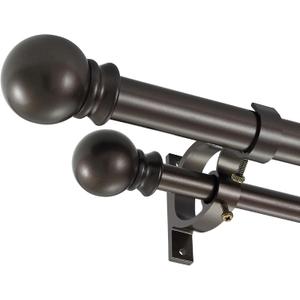 Dark Bronze Double Curtain Rods 36-72 Inch,1Front and 5/8Back Double Drapery Rod with Small Round Ball and Aluminum Brackets, Adjustable Dual Window Rod for Sheer/Blackout Curtains