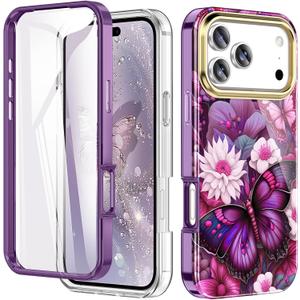 Turquiase Cute Flower Case for iPhone 17 Pro Max 6.9 inch Built with Screen Protector, Lightweight and Stylish Full Body Shockproof Protective Rugged TPU Case for Women/Girls-Butterfly