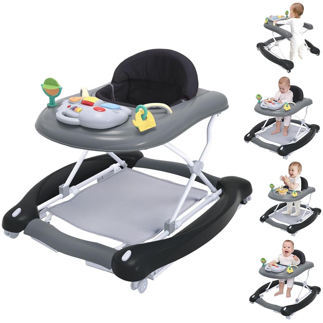 5 in 1 Foldable Baby Walker,Activity Baby Walker-Baby Bouncer,Rocker,Activity Center,Seat and Push Walker,Detachable Footrest Mat,Adjustable Speed Rear Wheels and Height,Ages 6-18 Months (Black)