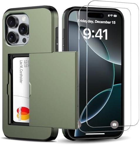 Benbenjaytek for iPhone 16 Pro Wallet Case with Card Holder + 2 Tempered Glass Screen Protector Protective Shockproof Hidden Card Slot Slim Case Women Men iPhone 16 Pro 6.3″ 2024 (Deep Green)