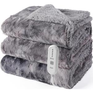 Dowin Heated Blanket King Size, Dual Controllers Faux Fur Electric Blankets, Tie-dye Plush Heating Blanket, Over-Heat Protect, 5 Heating Levels, Machine Washable (100"x 90" Grey)
