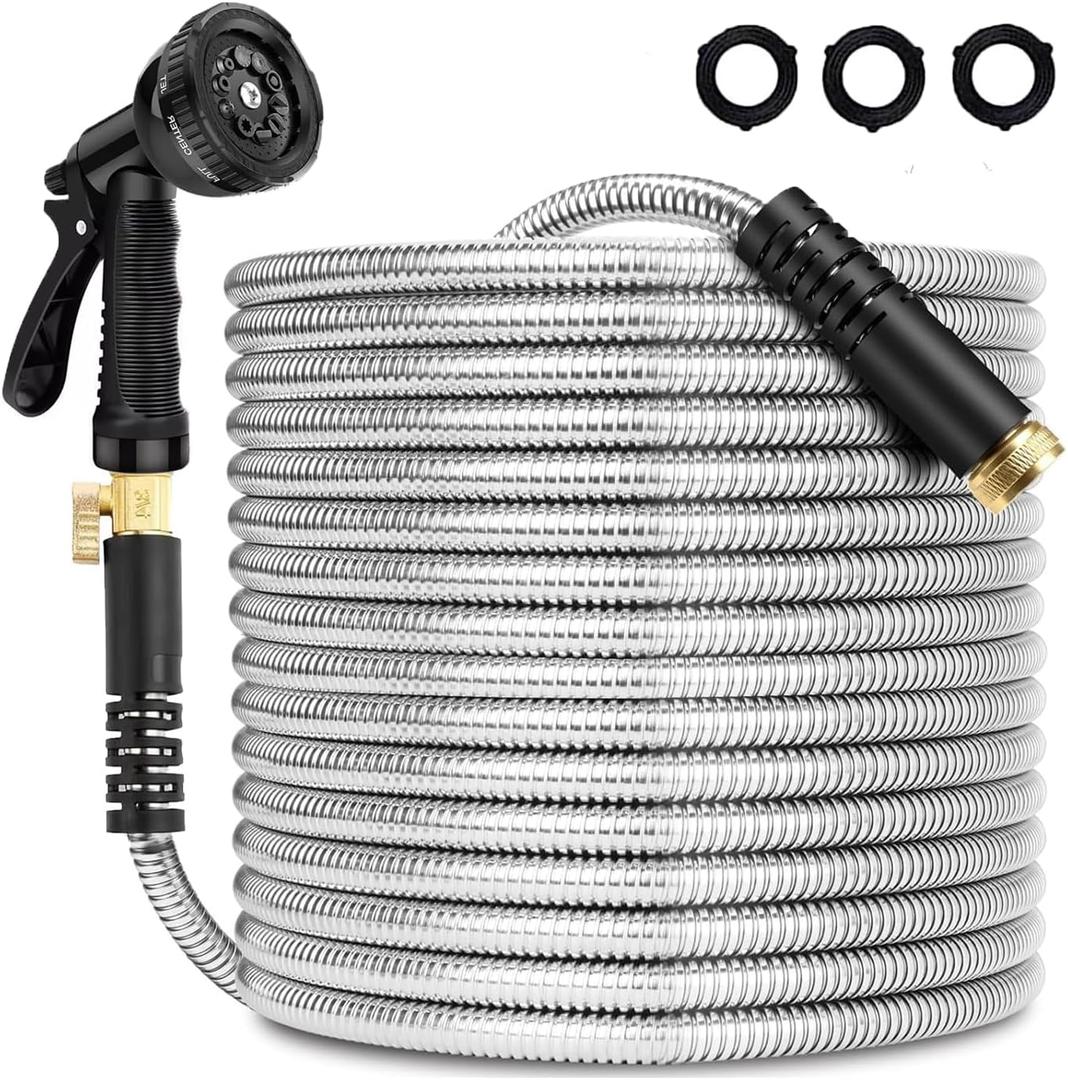 Stainless Steel Metal Garden Hose 25 FT,No Kink Garden Water Hose with 8 Pattern Spray Nozzle for Yard, Outdoor,Flexible,Never Kink & Tangle, Puncture Resistant,Black