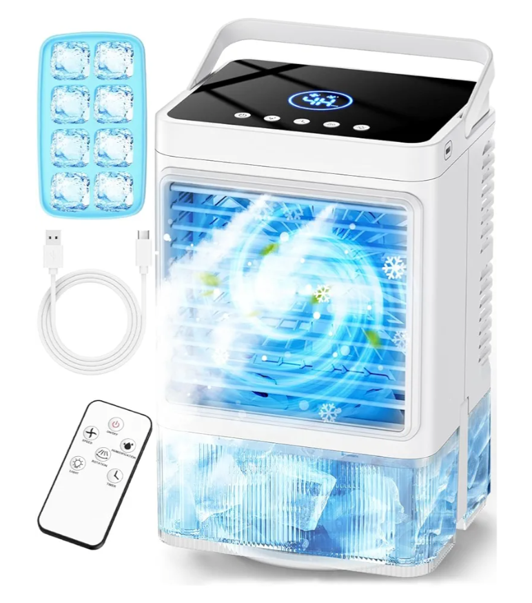 Small Air Conditioner w/ 3 Speeds&3 Modes, Remote, 1100ML Tank Humidifier, 8-Cube Ice Tray, 120° Oscillating, 4 IN 1 Portable Air Conditioners, 7-Color Light, 4H Timer Desk AC Unit for Bedroom