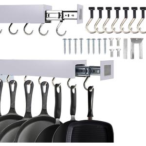 Pull Out Pot Racks, Pot and Pan Organizer with Hooks, Kitchen Pots and Pans Rack Pot Hanging Holder Under Cabinet, Aluminum Alloy Sliding Under Storage (Gray, 7 Hooks)