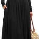 Women's Long Sleeve Maxi Dress 2025 Fall Crewneck Knit Plain Empire Waist Casual Slim Pleated Dresses with Pockets (Large, Black)