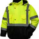 Safety jacket for men, Reflective high Visibility Hooded jacket, Hi-Vis Bomber Jacket with Pockets and Zipper, Waterproof, Black Bottom, ANSI/ISEA 107-2020 Type R Class 3, Lime