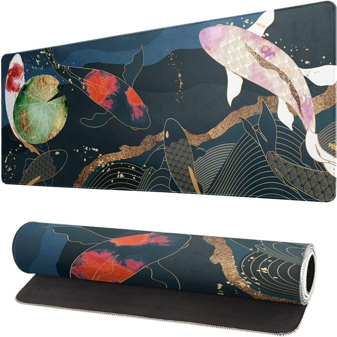 Japanese Gaming Mouse Pad XL - Extended Large Mouse Mat Desk Pad, Stitched Edges Mousepad, 3mm Thick Long Non-Slip Rubber Base Mice Pad, 31.5 X 11.8 Inch - Koi Fish Art