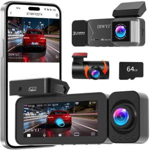 Dash Cam Front and Rear, 4K+2.5K+1080P with 170 Fisheye Lens, Full HD Dash Camera for Cars, 5GHz WiFi, IR Night Vision, WDR, 64GB Card Included, 24/7 Parking Mode, G-Sensor & Loop RecordingD7