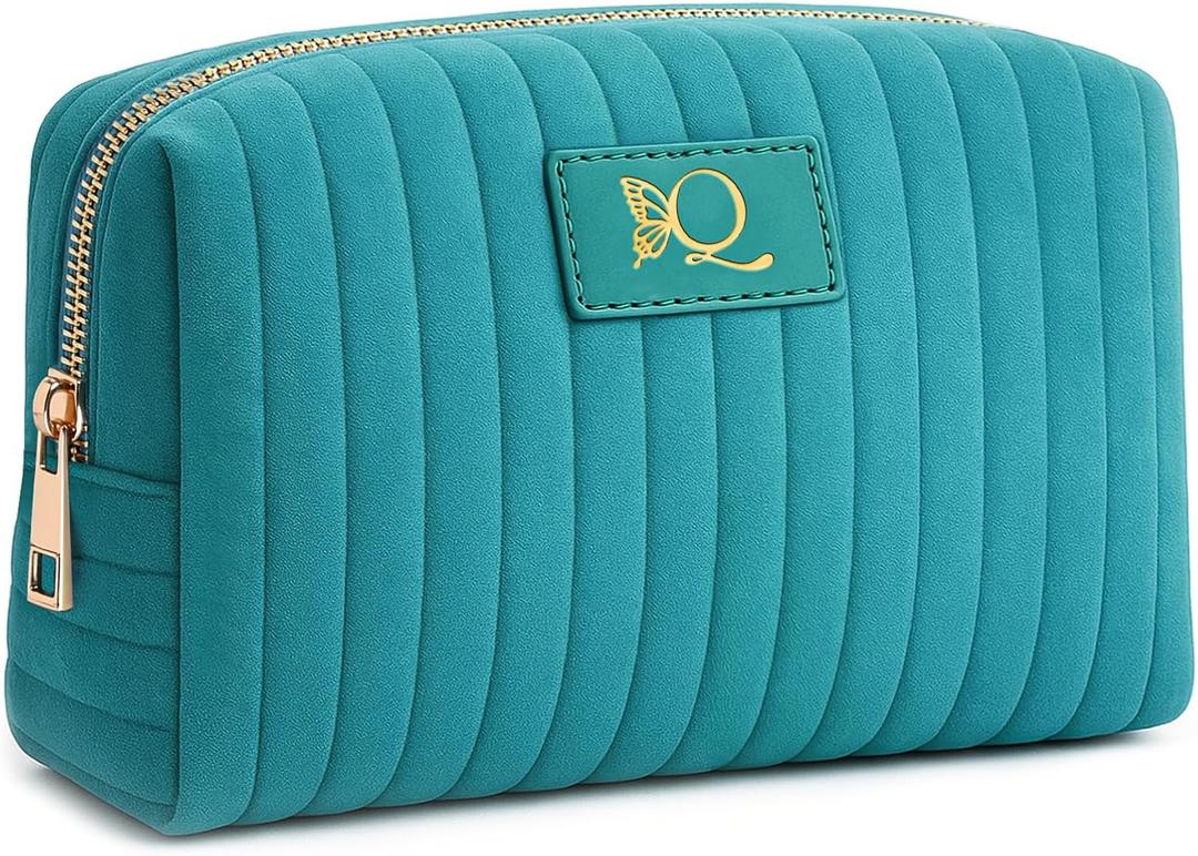 Monogrammed Make Up Bags for Women,Personalized Cosmetic Bags Women,Small Quilted Makeup Pouch,Cute Makeup Bag Travel,Birthday Gifts for Teen Girl (Blue Q)