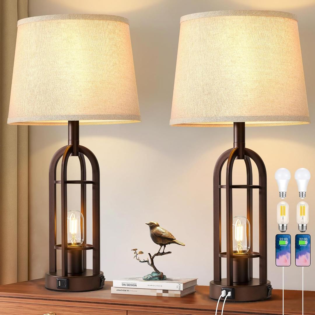Table Lamps for Living Room End Table Set of 2 - Farmhouse Industrial Bedside Lamps for Bedroom Nightstand with Nightlight and USB A+C, 4 Bulbs Included (2.Button Switch - Oil-Rubbed Bronze)