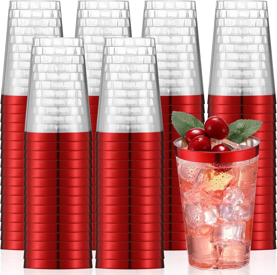Patelai 100 Pcs Red Plastic Cups 12 oz Red Rimmed Plastic Cups Heavy Duty Disposable Glasses Clear Cocktail Glasses Drinking Tumblers for Party Wedding Christmas Birthday