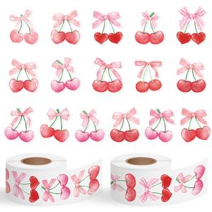 1000pcs Pink Bow Cherry Coquette Sticker Roll (2 Rolls), Watercolor Aesthetic Fruit Decorative Decals, Red & Pink Cherry with Bow Self-Adhesive Stickers for Water Bottle Scrapbook Decor