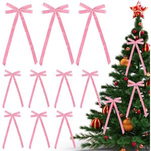 12 Pcs Velvet Bows for Christmas Tree, Pink Bows Ornaments for Garland Wreath Gift Wrapping Candy Bags Party DIY Decorations(8 x 17 Inch, Width of 1")