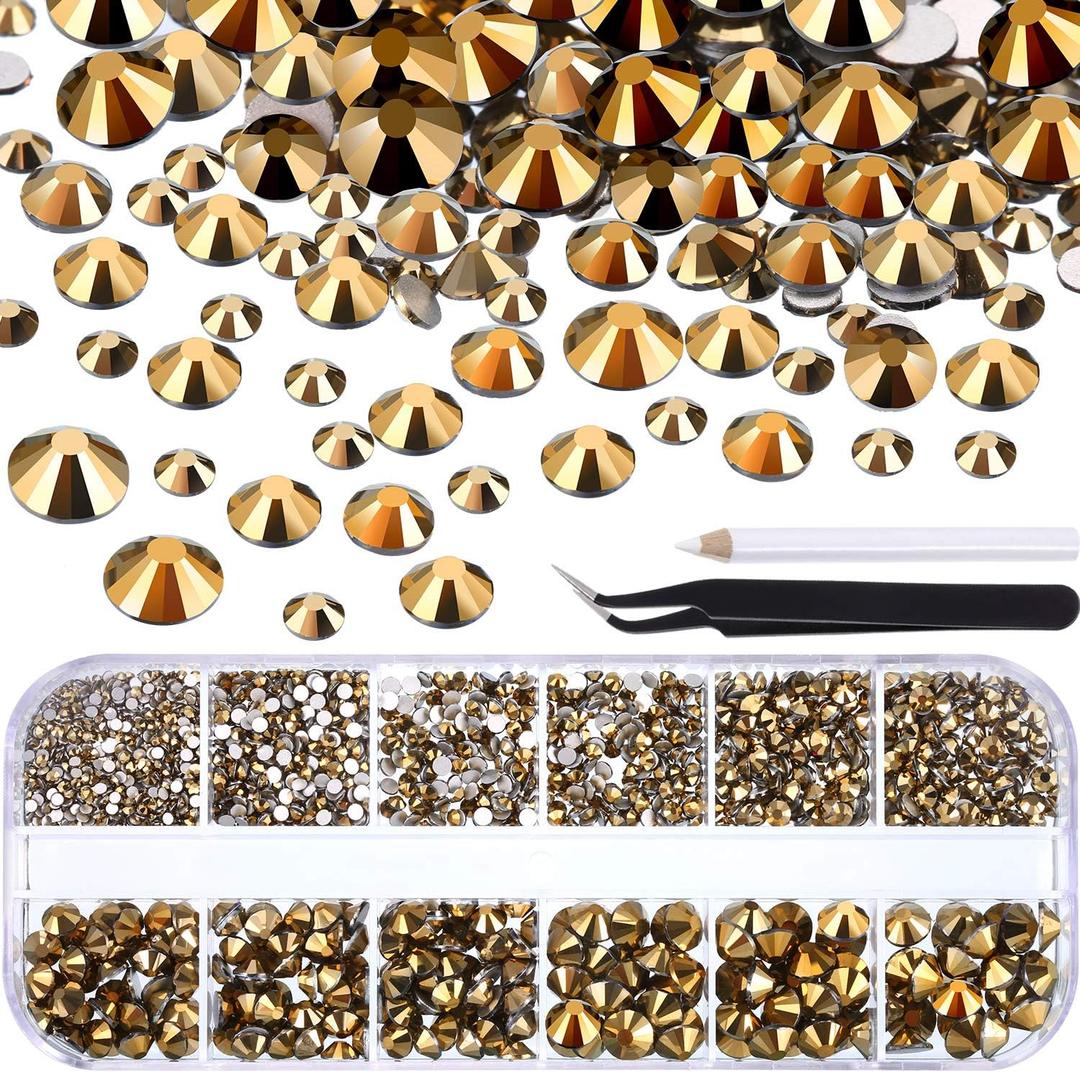 2000 Pieces Flat Back Gems Round Crystal Rhinestones 6 Sizes (1.5-6 mm) with Pick Up Tweezer and Rhinestones Picking Pen for Crafts Nail Face Art Clothes Shoes Bags DIY (Metallic Gold)