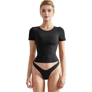 SUUKSESS Women Double Lined Fitted Basic Tee Crew Neck Short Sleeve Y2K Crop Top, S