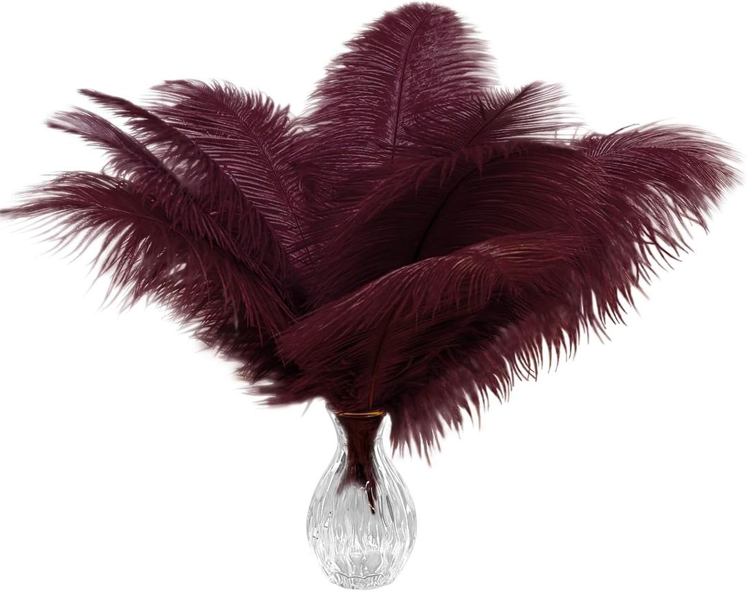 Piokio 20 pcs Burgundy Ostrich Feathers 12-14 inch(30-35 cm) Bulk for and DIY Clothes Decoration, Gatsby Decorations Wedding Party Centerpieces, Easter