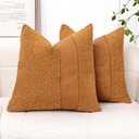 Pack of 2 Orange Brown Boucle Decorative Pillow Cover with Faux Leather Modern Accent Pillow Case 20 x 20 Inch Textured Stripe Cushion Covers for Chair Sofa Bedroom Living Room Home Decor