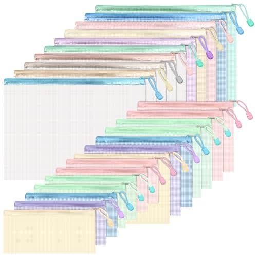 BAYTORY 24Pcs Mesh Zipper Pouch File Bags, Waterproof Clear File Pouch, Assorted Color File Pockets, Large Capacity Plastic Document Jackets, Organizing for Travel School Office and Home (Colorful)