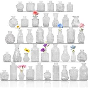 Set of 40 Glass Bud Vases, Small Clear Glass Vases in Bulk, Mini Vintage Embossed Flower Vase for Wedding, Centerpieces, Birthday Party, Home Table Decorations, Baby Shower (Clear)