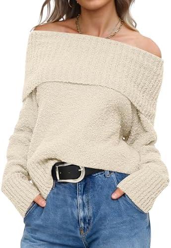ANRABESS Off The Shoulder Sweaters for Women 2025 Fall Turtleneck Long Sleeve Fuzzy Knit Warm Casual Winter Sweater, Medium, Beige 
