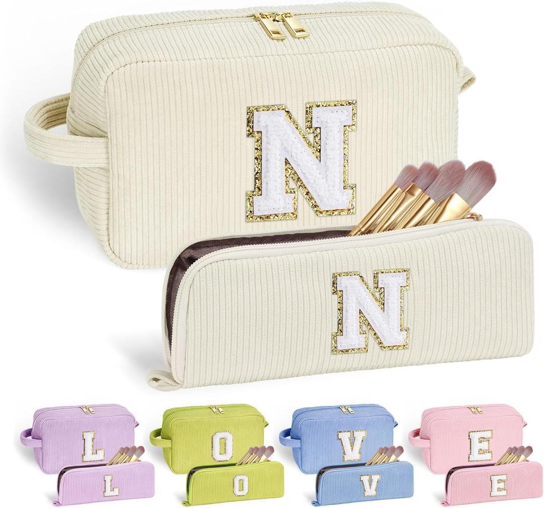 YOOLIFE Initial Travel Makeup Bag Cosmetic Bag - Teen Girl Gifts Trendy Stuff Friend Birthday Gifts for Women Teen Girl Kids (Off White)