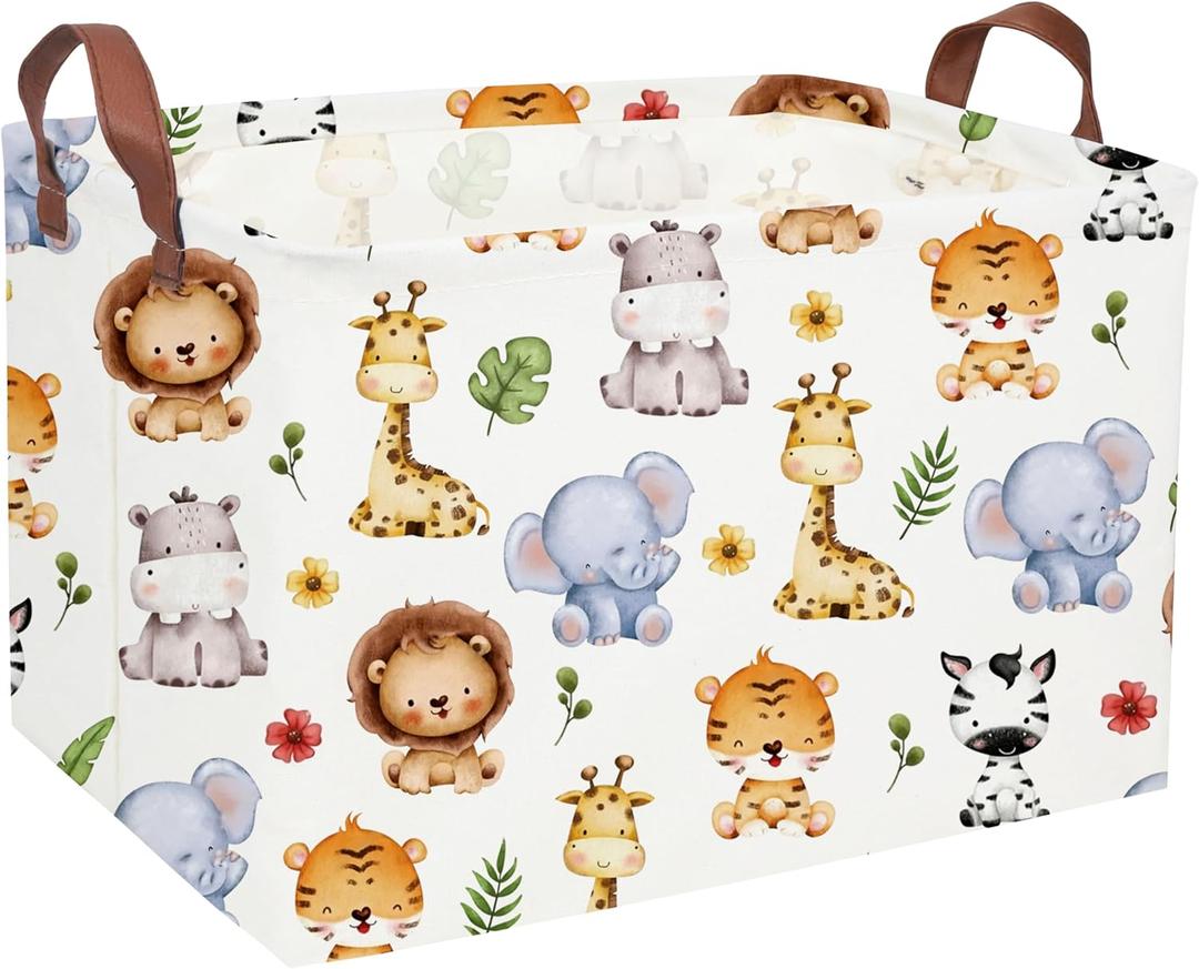 Rectangular Kids Storage Bins,Baby Baskets Organizer.Waterproof PE Coating Cute Basket with Handles.Woodland Nursery Decor,Toys Box,Books Basket, (Cute Animal)