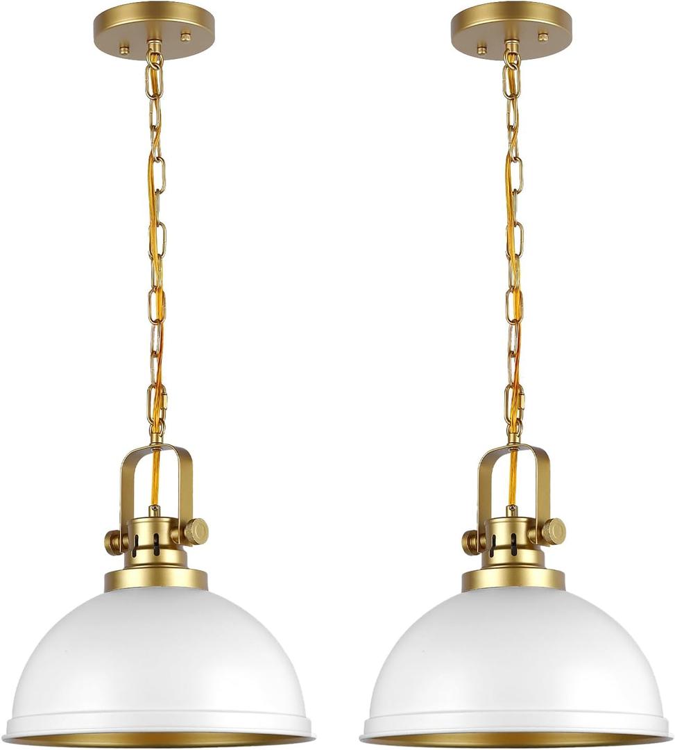 White and Gold Pendant Lights Kitchen Island 2 Pack, Modern Matte White Dome Pendant Lighting Industrial Light Fixture for Kitchen Living Dining Room Restaurant Hallway Entrance