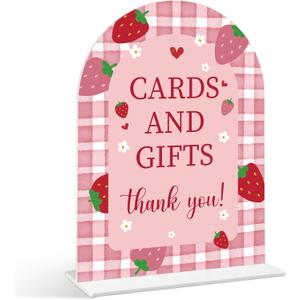 Cards and Gifts Sign - Strawberry Baby Shower Sign, 1 Pack Arch Acrylic Sign with Stand, Gender Reveal Party Table Decor, Berry Baby Shower Supplies (SE23)