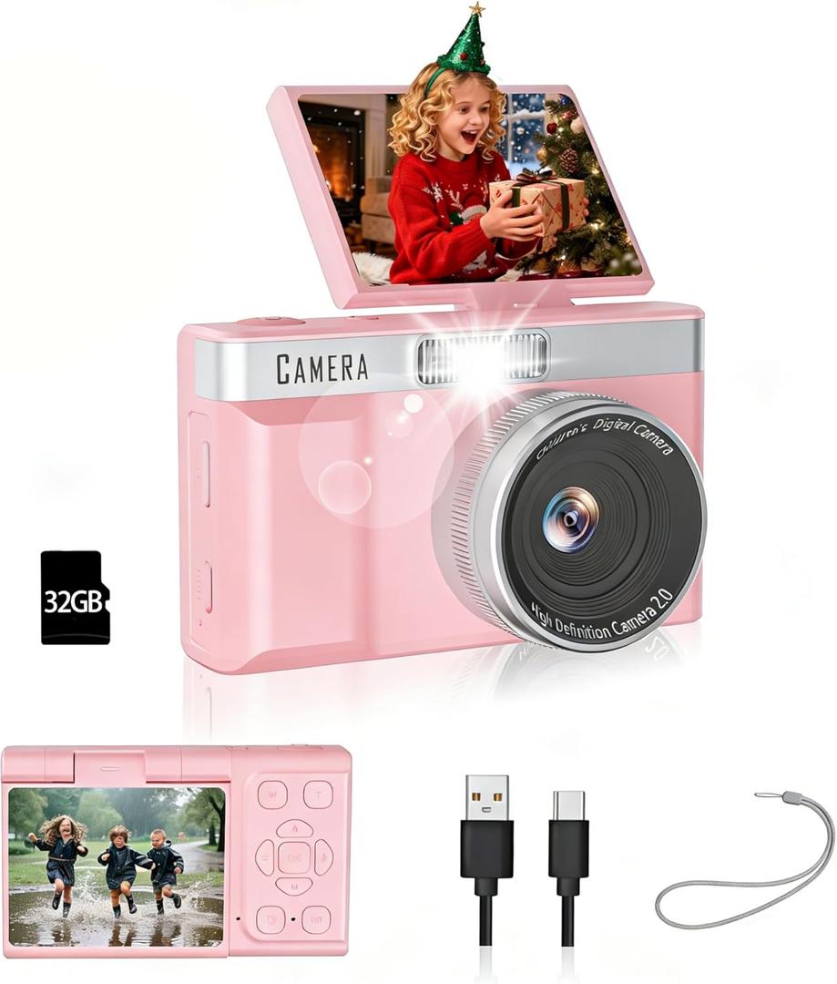 Kids Digital Camera with 180 Flip Screen, 32GB Memory Card Digital Cameras,1080P HD Point and Shoot Digital Cameras, Built in Educational Games,Ideal Gifts for Kids Boys Girls(Pink)