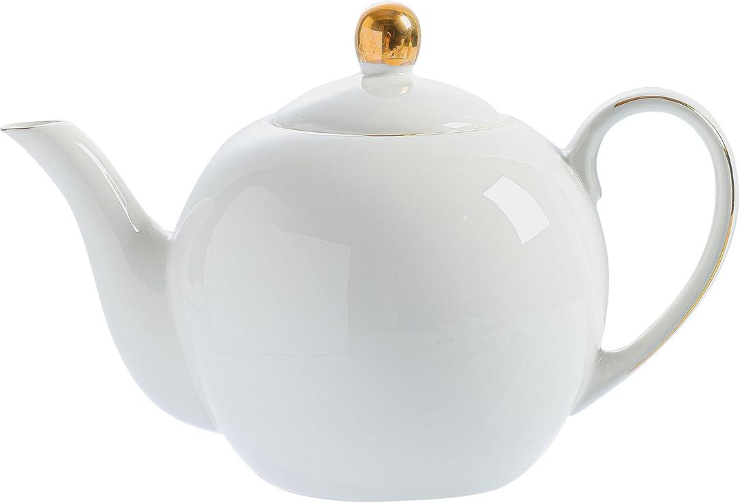 30oz White Porcelain Teapot, Classic design tea pot with Gold Trim, Beautiful white teapots for loose leaf tea and tea bags, Tea Party friendly