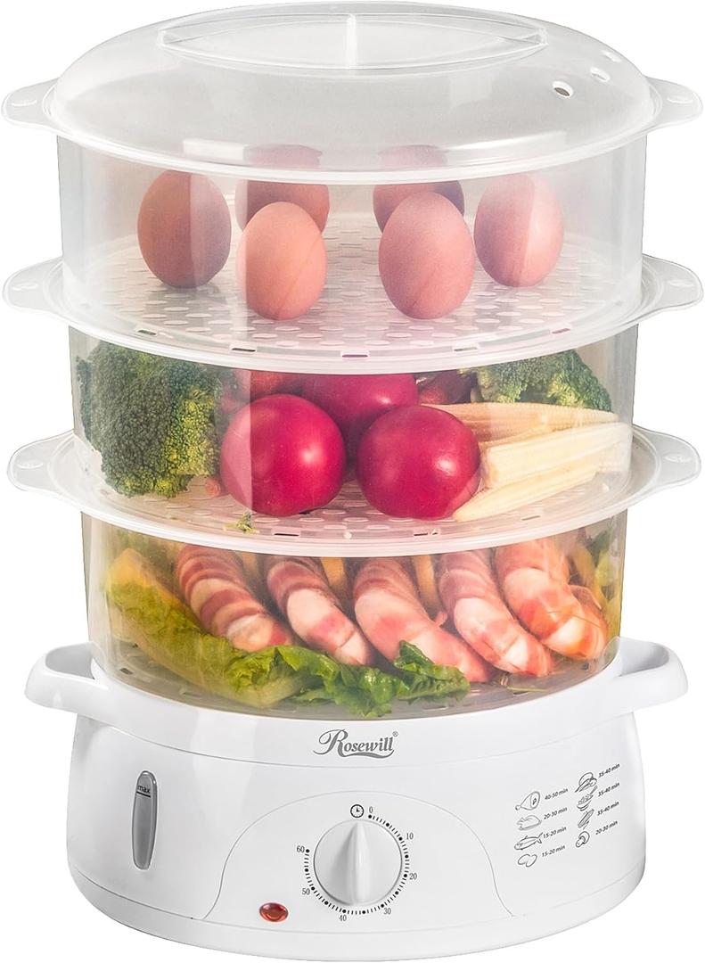 Rosewill Electric Food Steamer with 3 Tiers BPA-Free Stackable, Dishwasher Safe Baskets, 800W with fast steam heating within 40s, Auto shut-off and 60-min timer, 9.5 Quarts Capacity - White