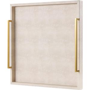 Ivory Shagreen Extra Large Ottoman Trays with Gold Handles 20x20, Faux Leather Large Coffee Table Tray for Living Room, Versatile Decorative Serving Tray (Ivory-Gold Handle, 20")