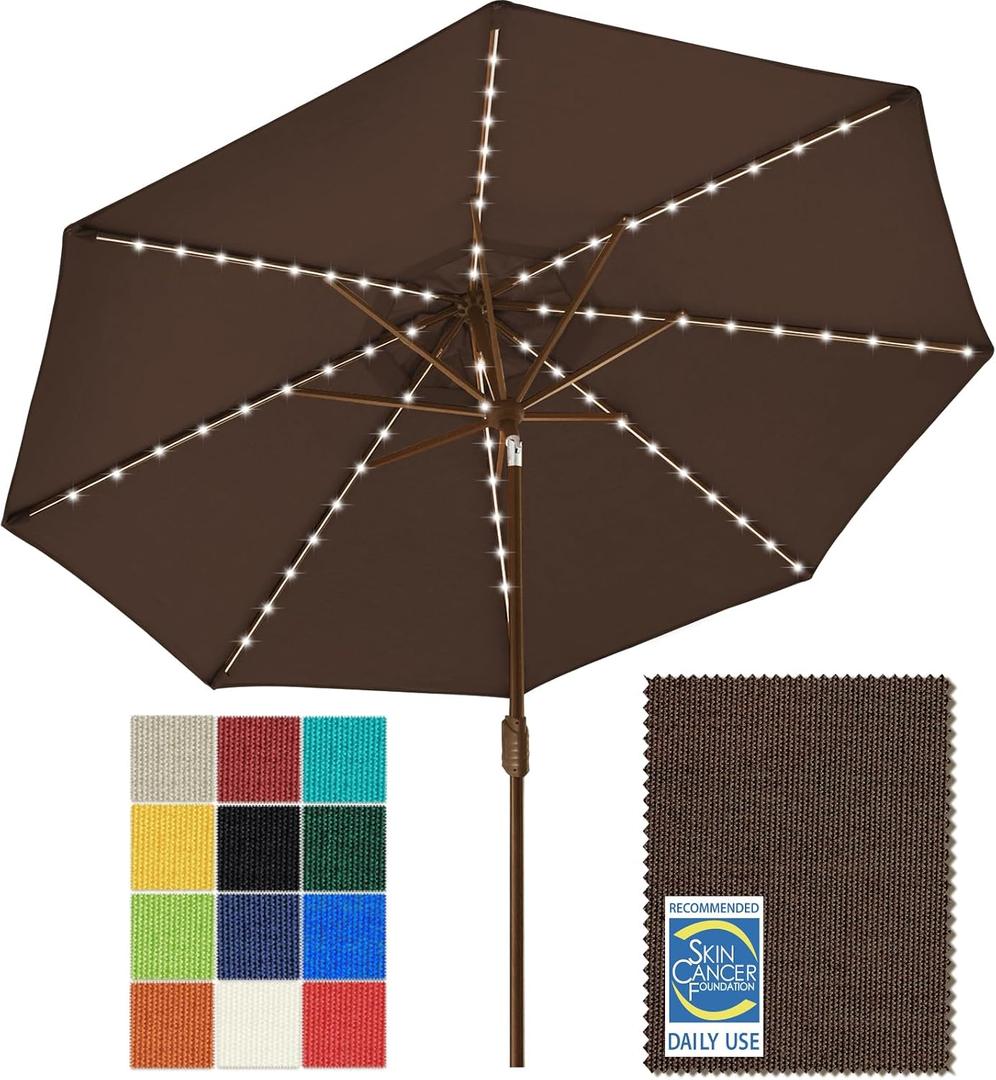 EliteShade USA 10-Year-Non-Fading 9ft Market Patio Umbrella, Commercial Grade Table Sun Umbrella with 80 Solar LED Lights, Crank Open, Windproof & UPF 50+ UV Protection for Garden, Deck, Pool, Backyard, Chestnut