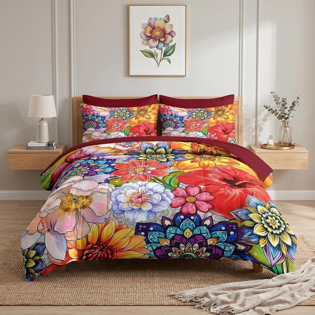 Nesker Comforter Set Full Size, Farmhouse Flowers Boho 7 Pcs Bedding for Kids and Adults, Colorful Botanical Bohemian Bed Sheet Sets with Fitted Sheet 2 Pillowcases & 2 Shams