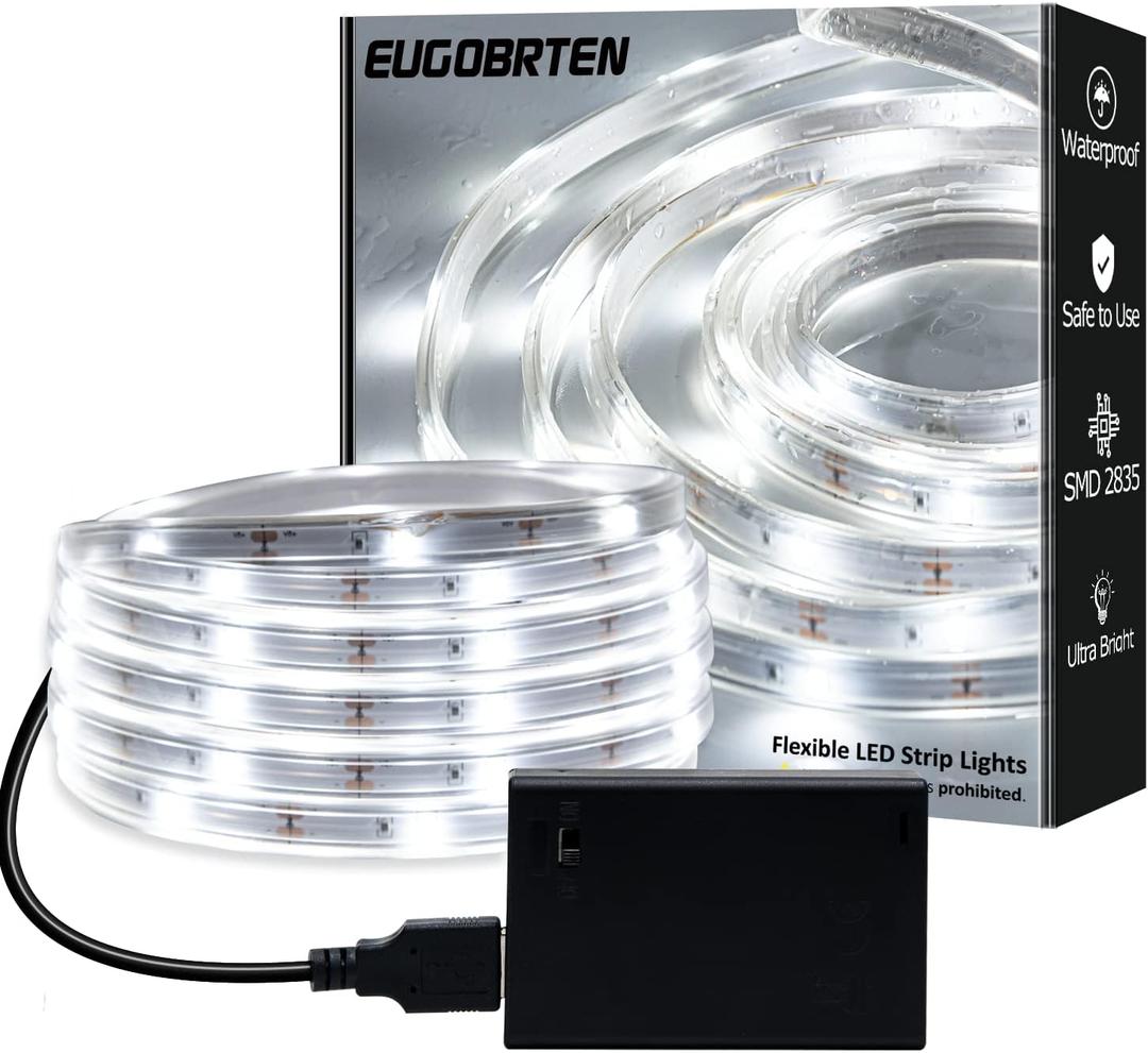 LED Rope Lights Outdoor Waterproof Battery Led Strip Lights, 16.4ft Flexible White Led Strip Lights Battery Powered Brighter Battery Powered White Lights for Camp Party Bedroom TV