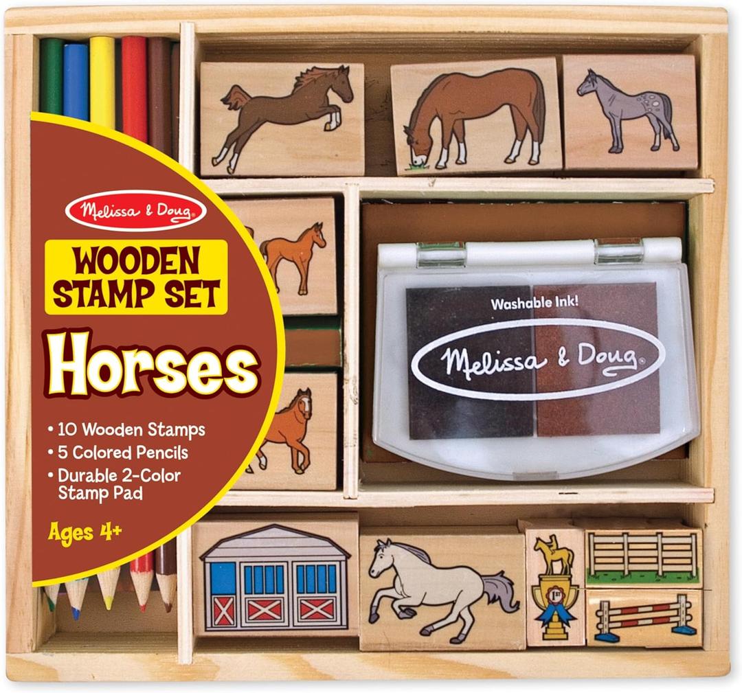 Melissa & Doug Wooden Stamp Activity Set: Horse Stable - 10 Stamps, 5 Colored Pencils, 2-Color Stamp Pad